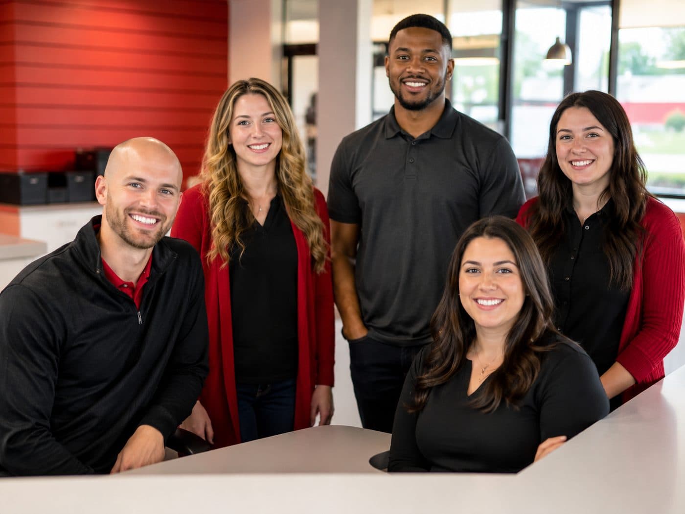 Modern Storage® team members together at the front counter of a facility office