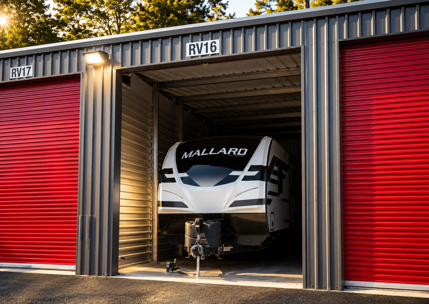 Mallard travel trailer parked inside a Modern Storage® enclosed RV storage unit with red roll-up doors at sunset