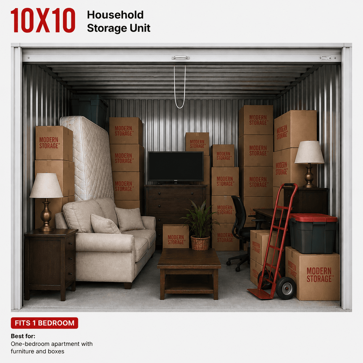 Modern Storage® 10x10 climate-controlled storage unit interior — popular Arkansas size for one-bedroom apartments
