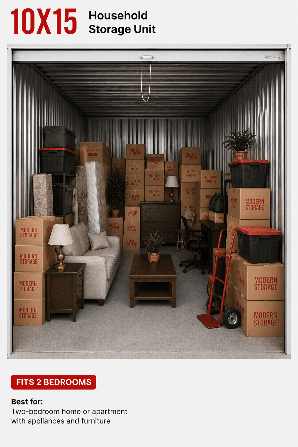 Modern Storage® 10x15 climate-controlled storage unit interior — a popular Arkansas self-storage size for two-bedroom apartments and small homes