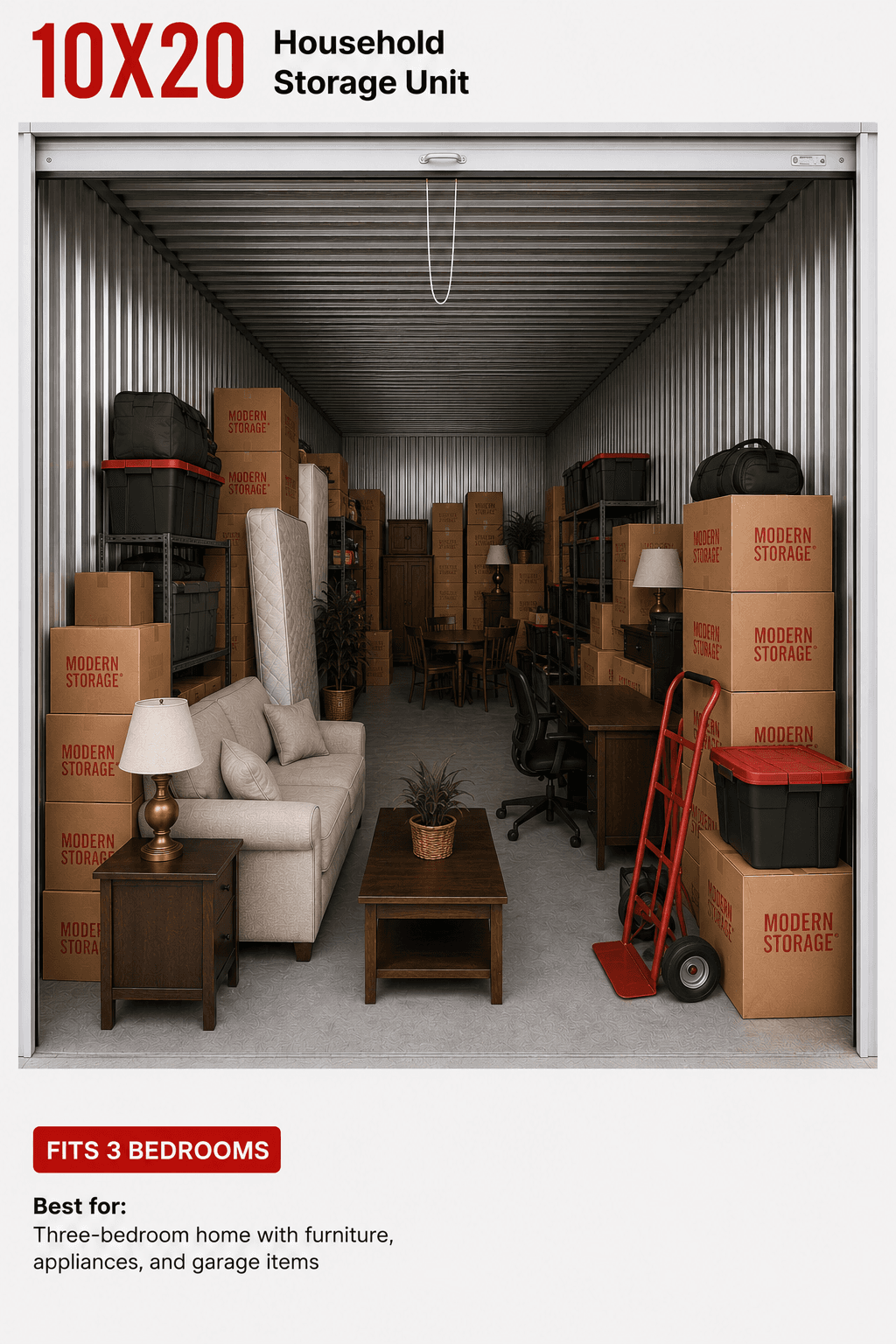 Modern Storage® 10x20 climate-controlled storage unit interior — Arkansas size for three-bedroom homes and full-home storage