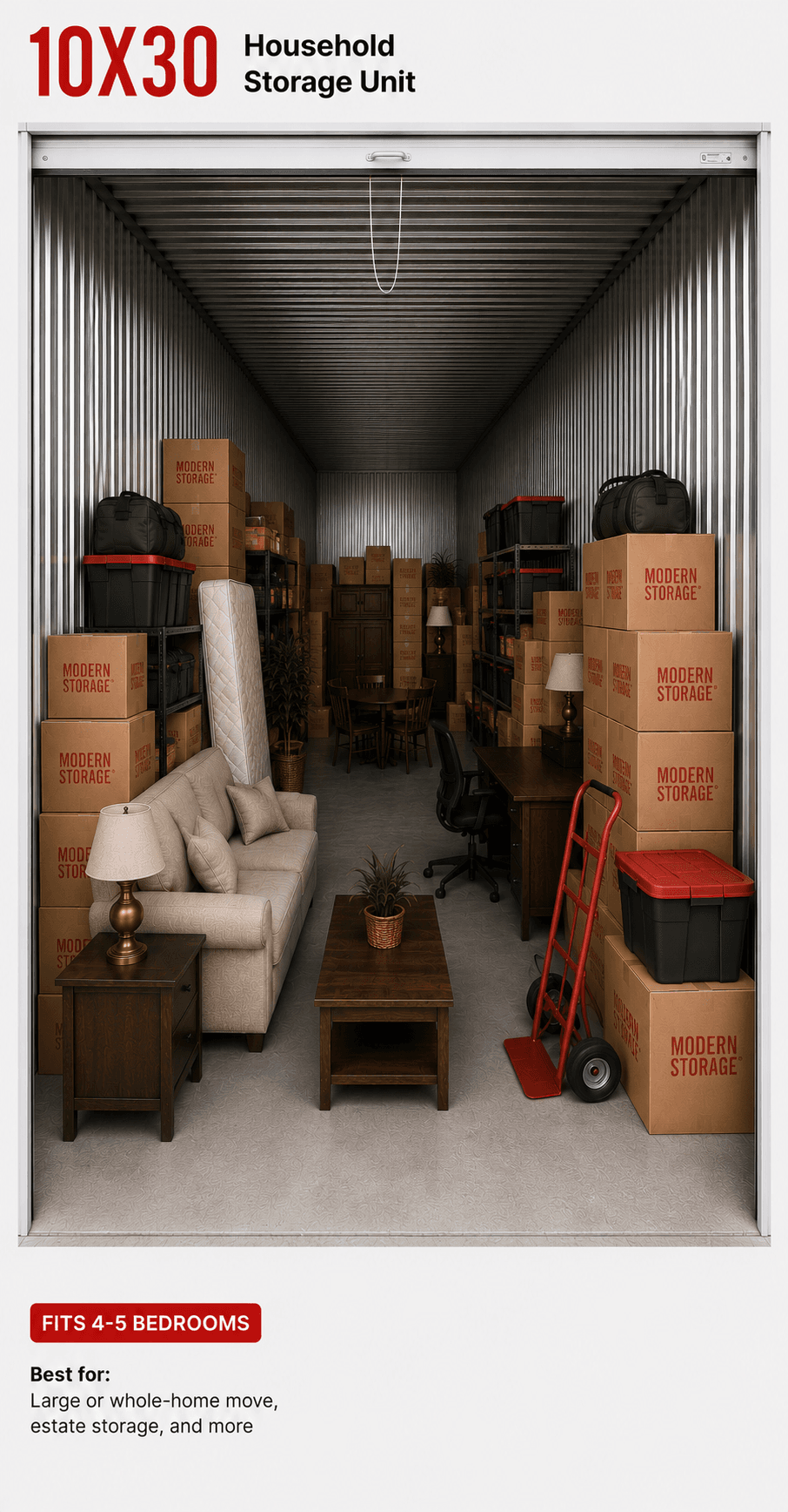 Modern Storage® 10x30 climate-controlled storage unit interior — largest Arkansas size for four- and five-bedroom homes