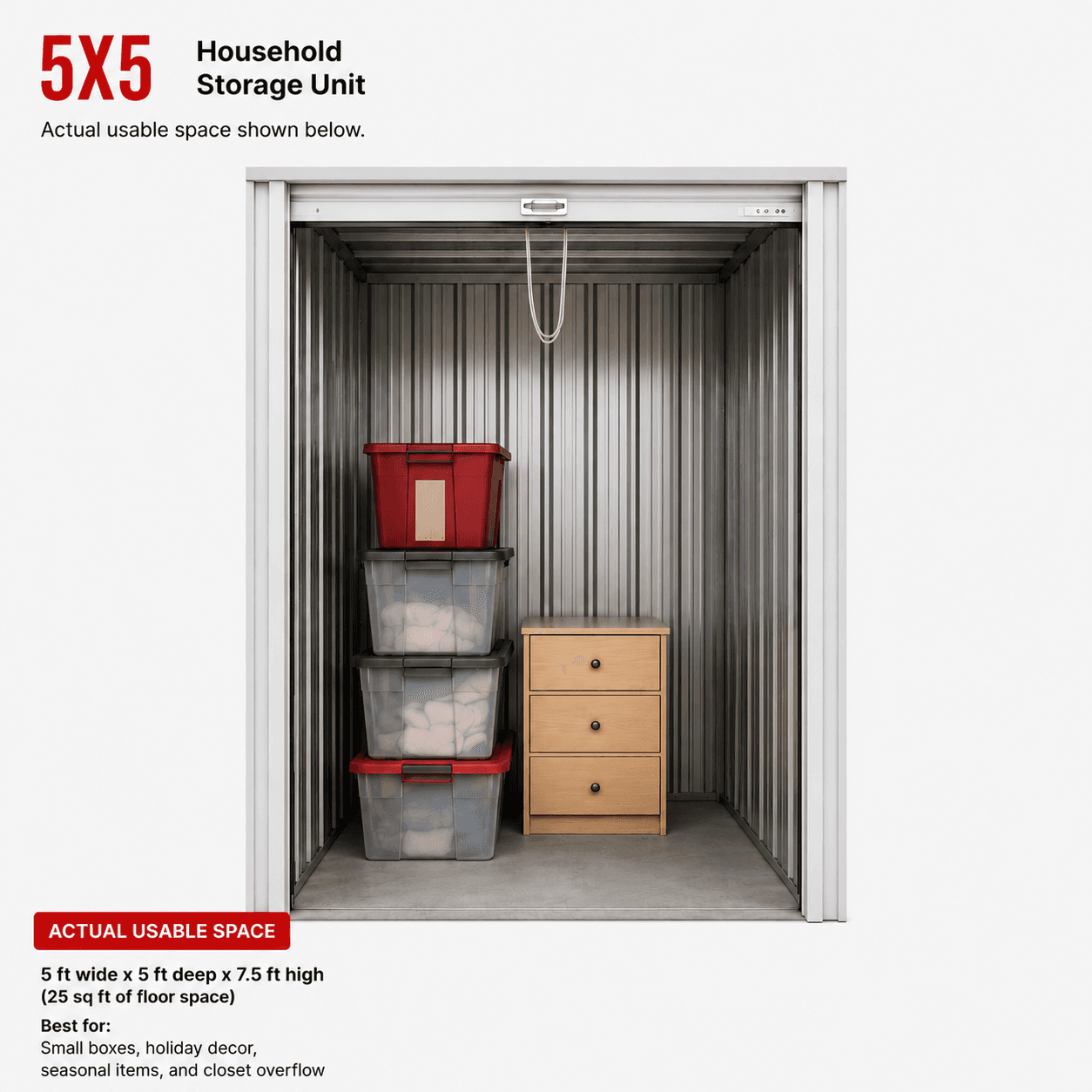 Modern Storage® 5x5 climate-controlled storage unit interior — smallest unit size for closet overflow and dorm storage in Arkansas