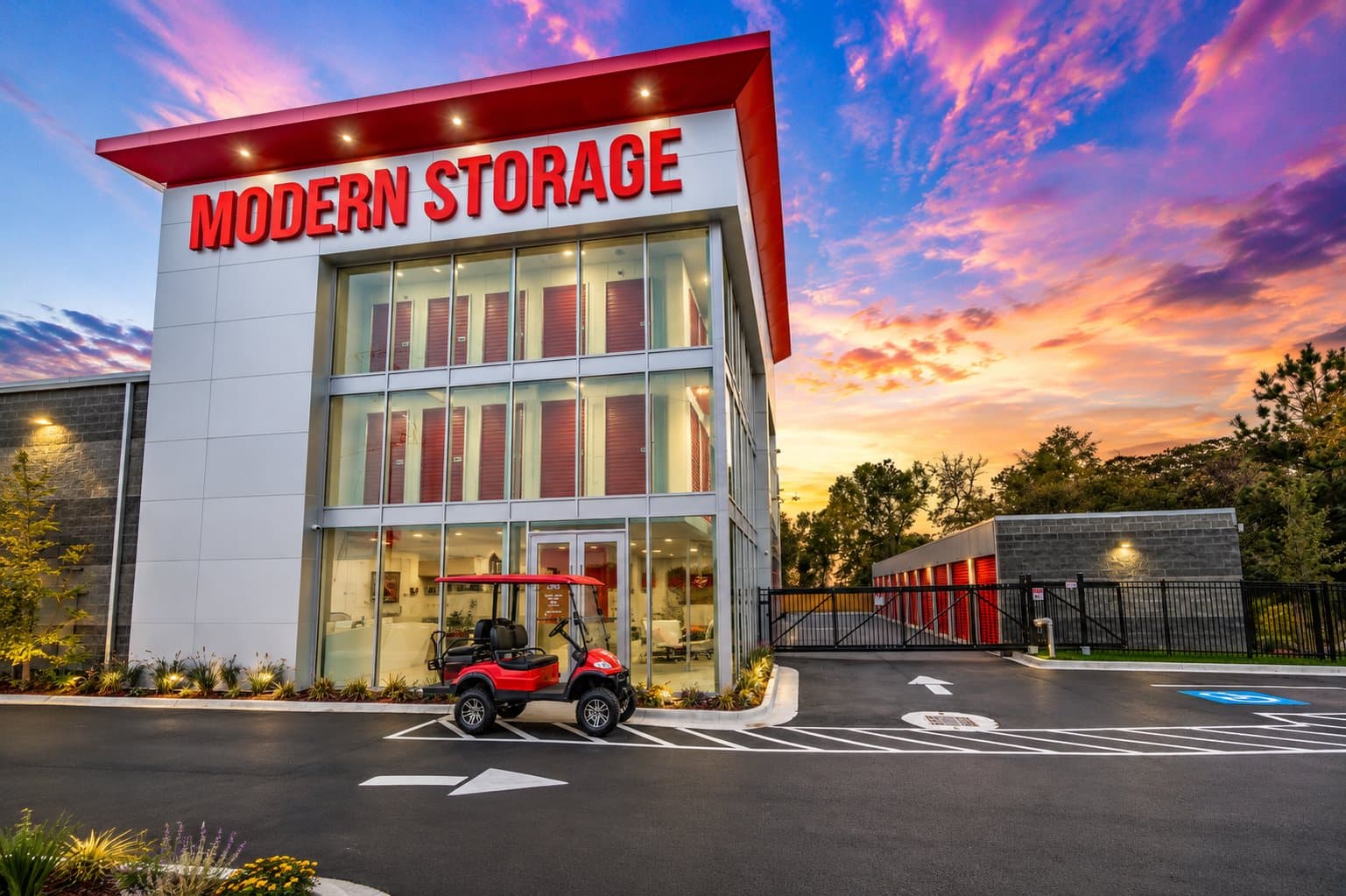 Modern Storage® Bryant self-storage facility exterior at sunset in Bryant Arkansas