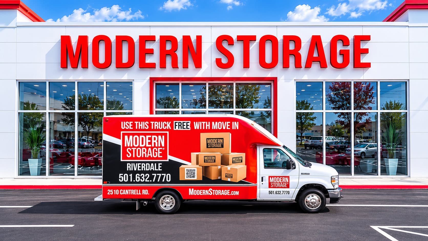 Modern Storage® branded free moving truck included with new storage unit rentals at participating Arkansas locations