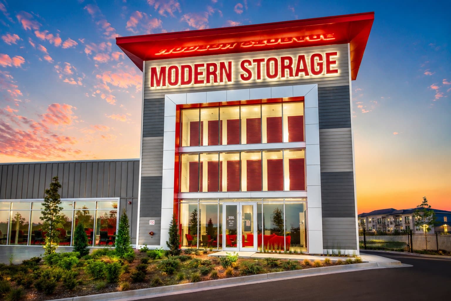 Modern Storage® North Little Rock self-storage facility at night in North Little Rock Arkansas