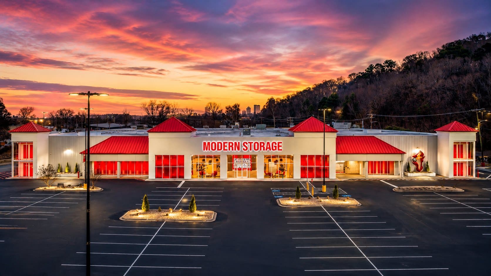 Modern Storage® Riverdale facility exterior at sunset — lead business storage location in central Arkansas