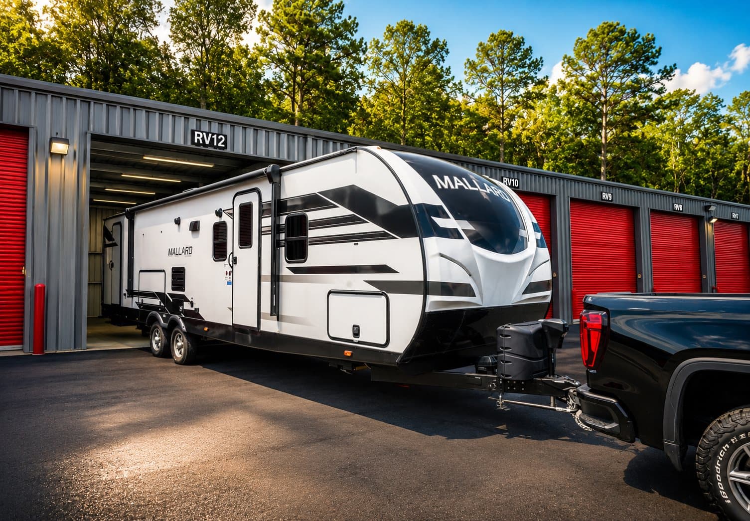 RV stored inside a Modern Storage® Shackleford unit with red roll-up doors.