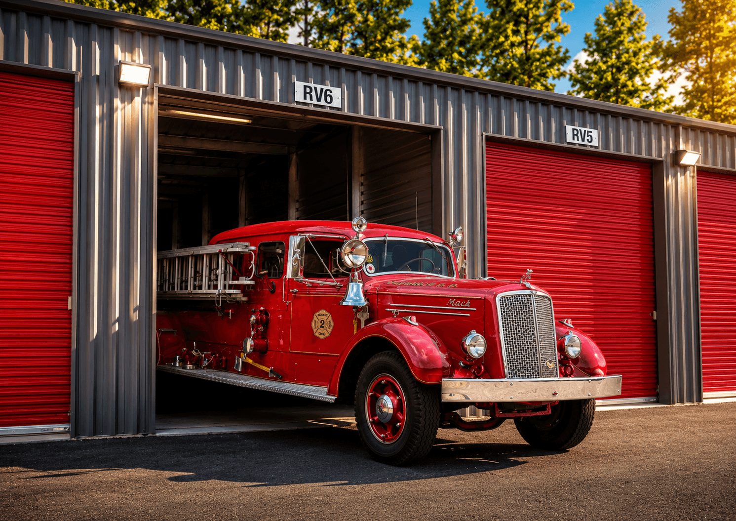 Vintage red Mack fire truck stored at Modern Storage® Shackleford in an oversized enclosed RV-style storage unit — specialty and collector vehicle storage