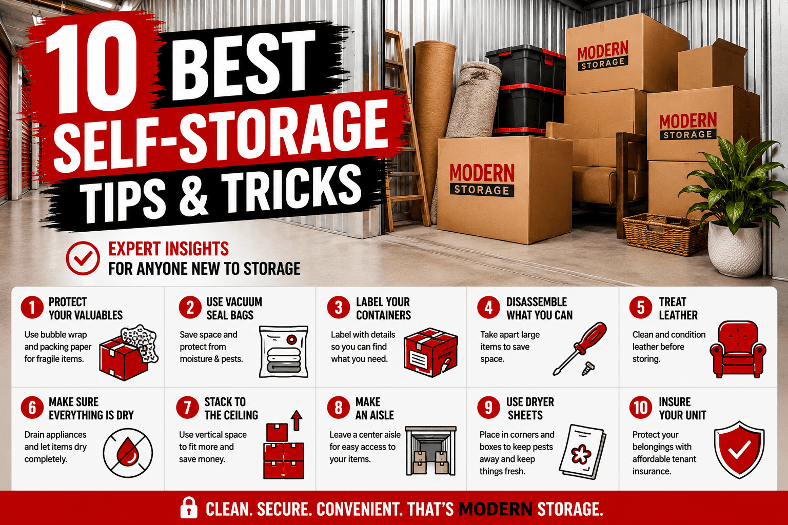 Organized self-storage unit with expert packing tips for protecting belongings and maximizing storage space.