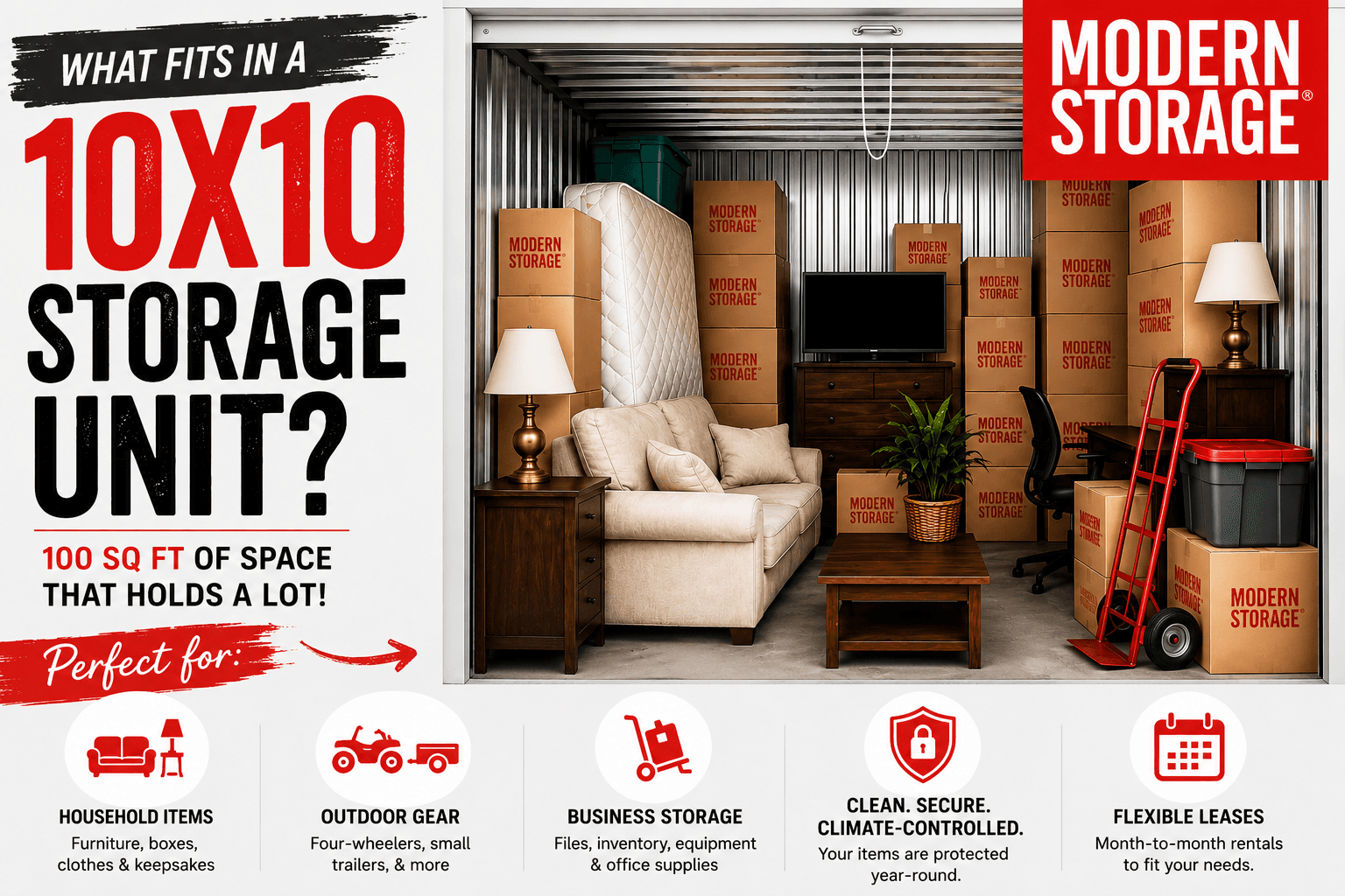 Illustration showing what fits inside a 10x10 storage unit with furniture, boxes, and common household belongings.