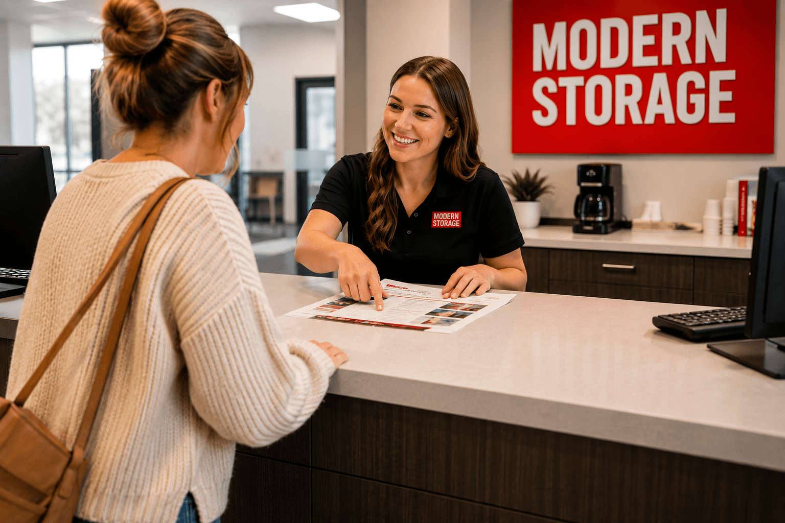 Friendly Modern Storage team member helping a customer choose the right self-storage unit at the rental counter.