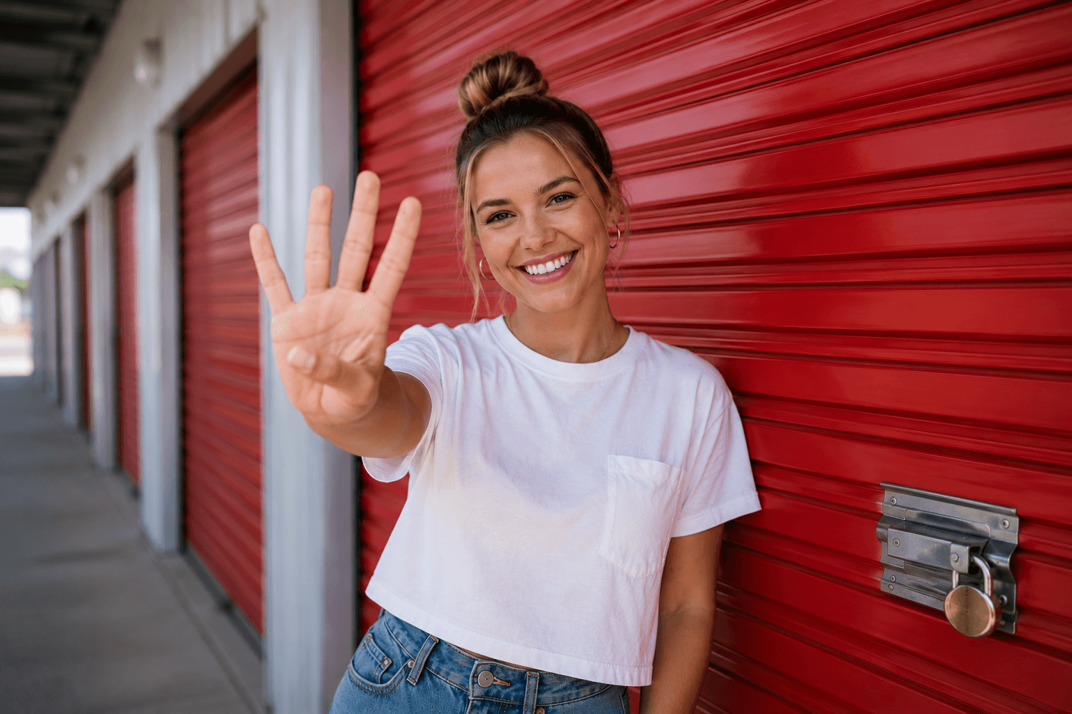 Woman holding up four fingers in front of a Modern Storage unit, highlighting four reasons to rent self-storage.