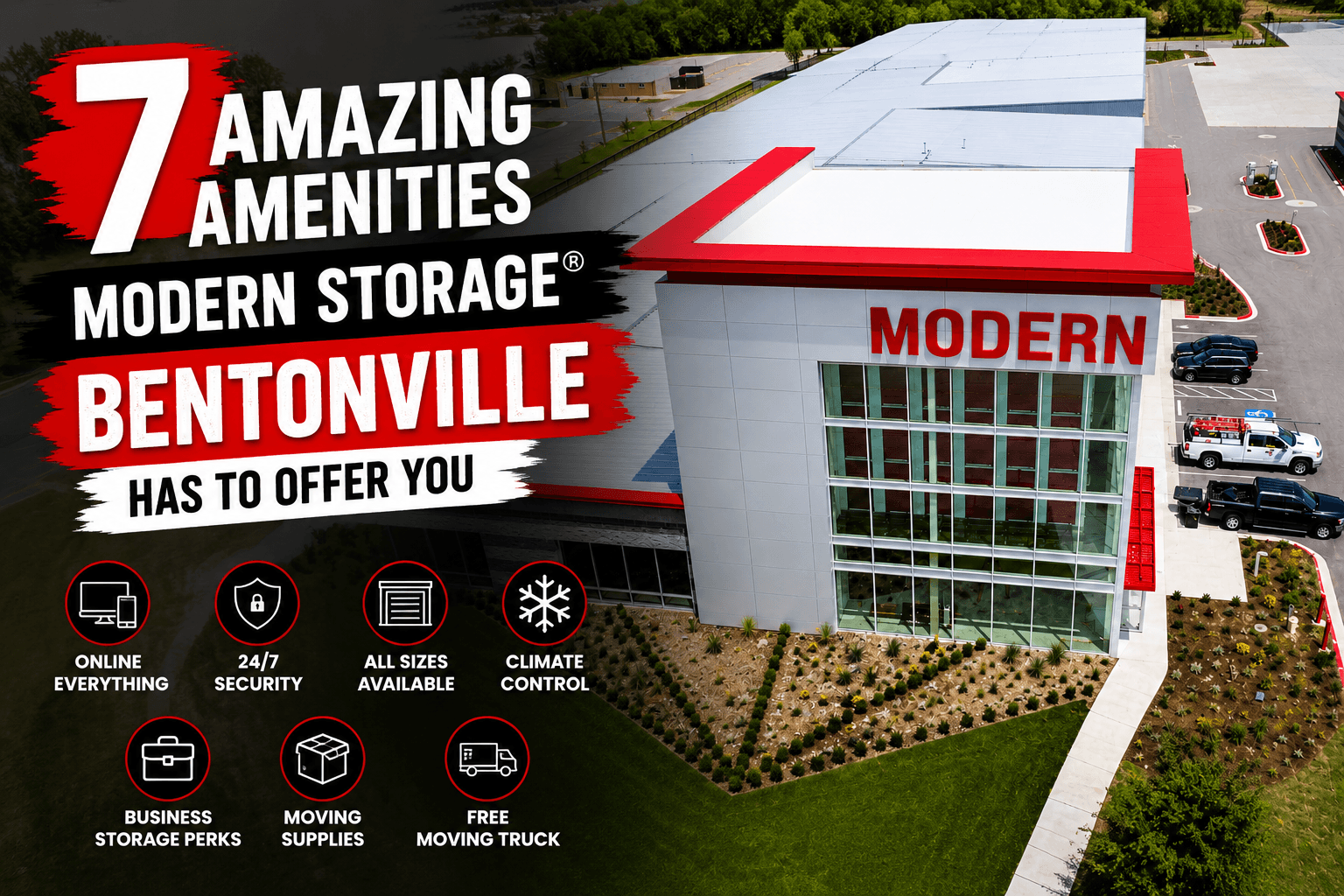 Aerial view of Modern Storage® Bentonville showcasing premium self-storage amenities and climate-controlled buildings.