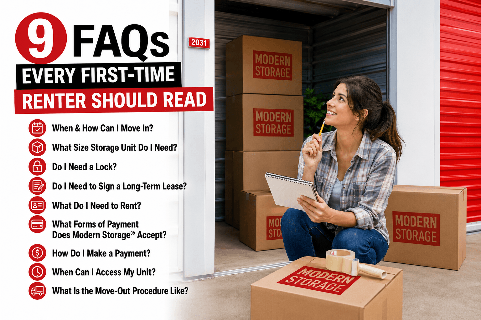 First-time renter reviewing Modern Storage FAQs next to boxes and a storage unit