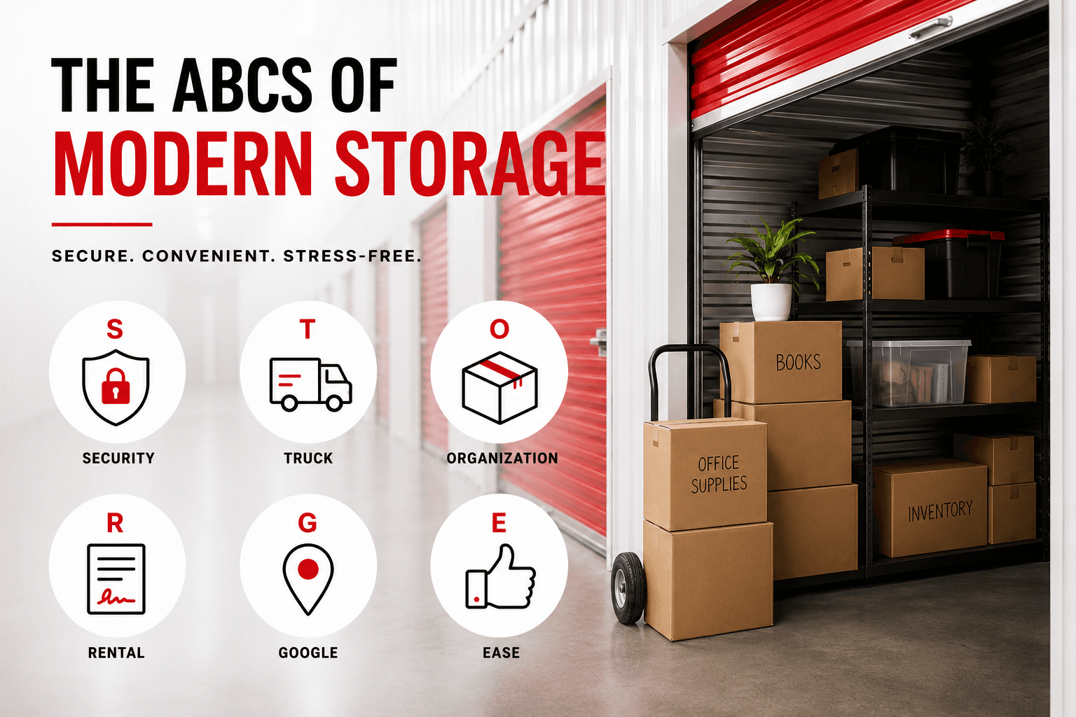 Modern Storage features including secure storage, free moving truck, month-to-month rentals, and organized storage units.