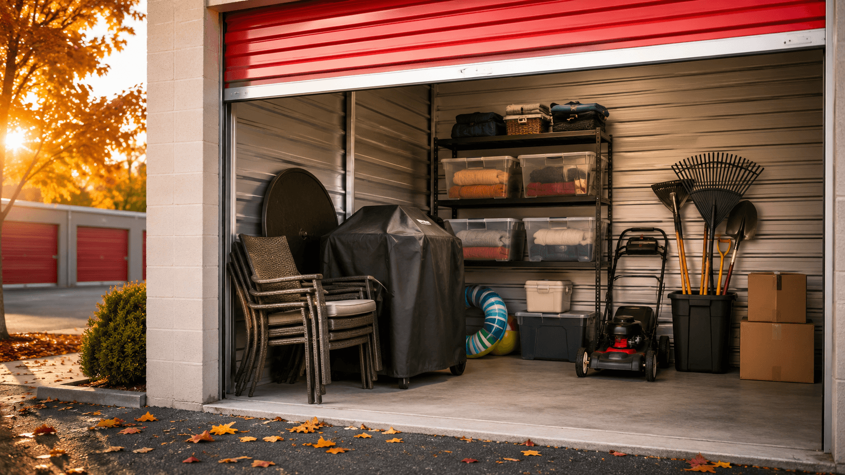 Fall storage unit organized with patio furniture, lawn tools, pool gear, and bins