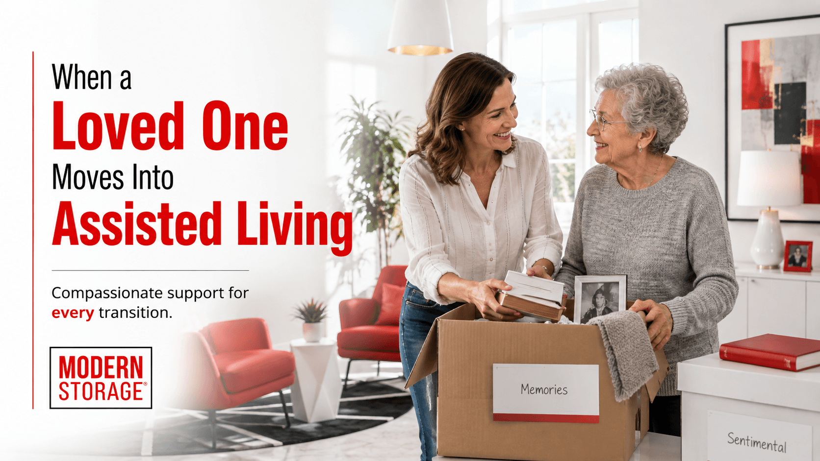 Adult daughter helping her mother pack moving boxes before transitioning to assisted living