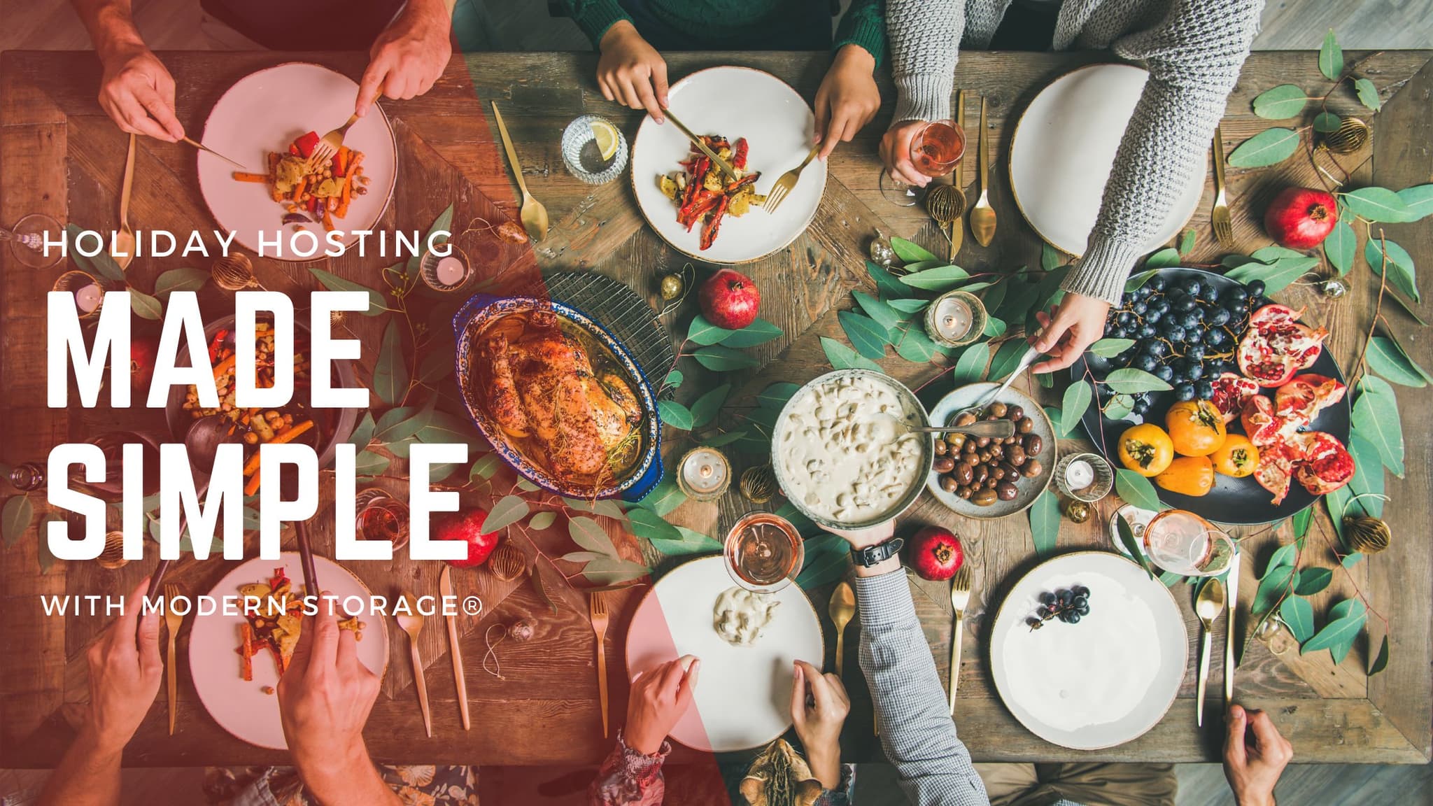 Modern Storage holiday hosting blog banner for storing extra furniture and seasonal items