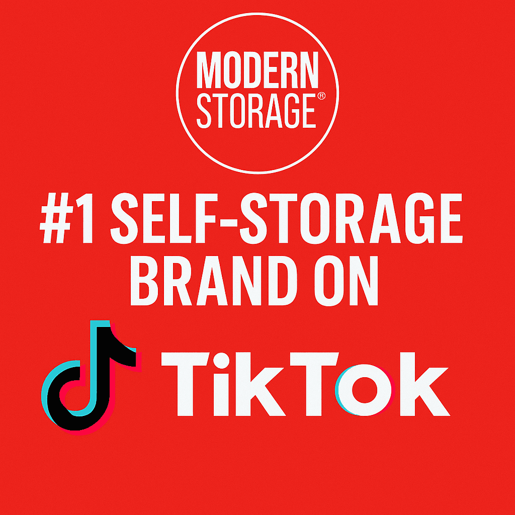 Bold red graphic featuring the Modern Storage® logo above the text "#1 Self-Storage Brand on TikTok," with the TikTok logo displayed below.