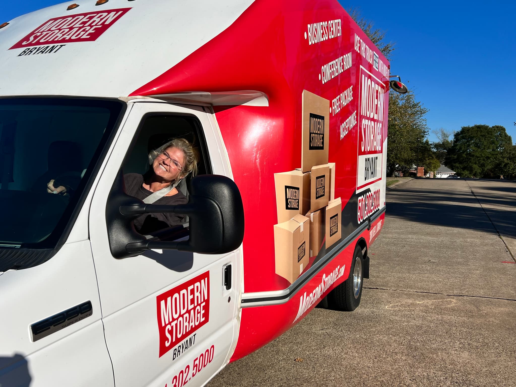 Modern Storage® box truck shown in TikTok video highlighting the free moving truck offered to new storage tenants