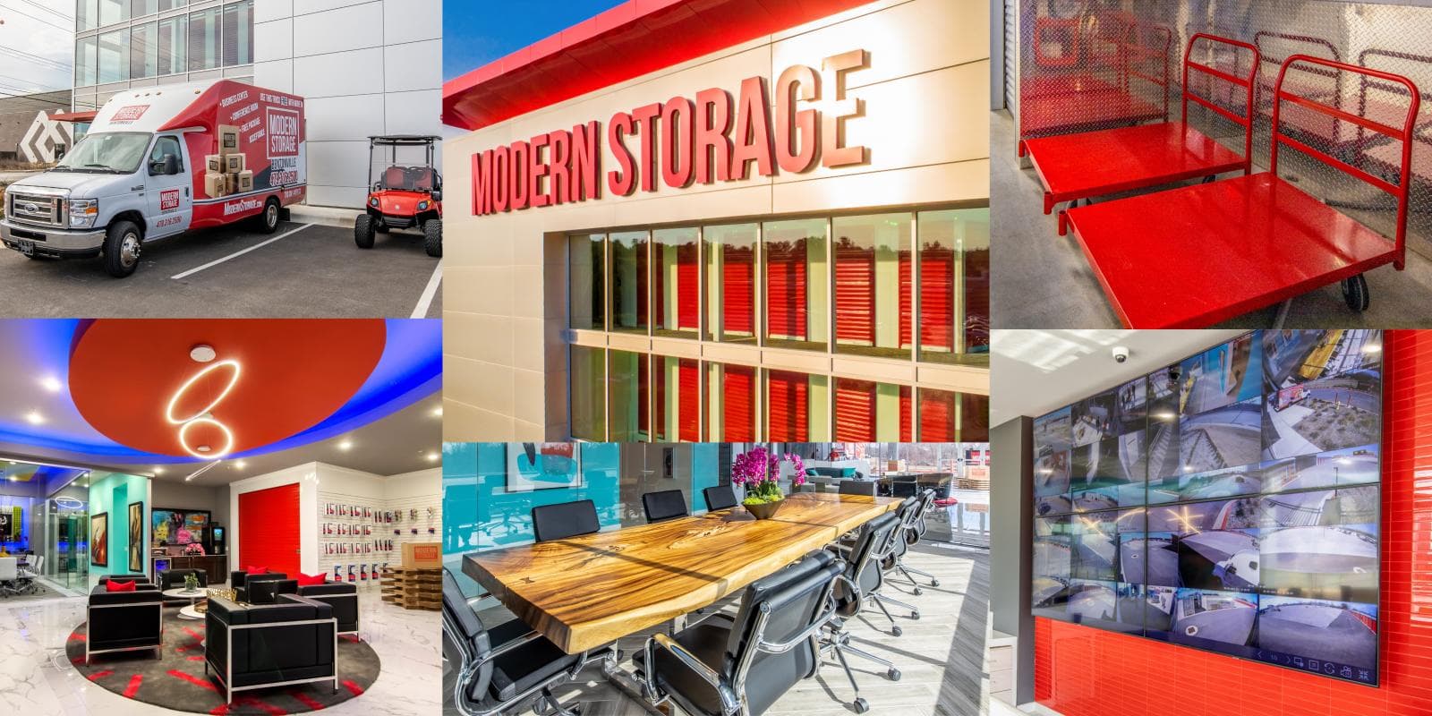 Collage of Modern Storage® amenities including delivery van, office exterior, red hand carts, modern office spaces, security camera wall, and customer lounge area