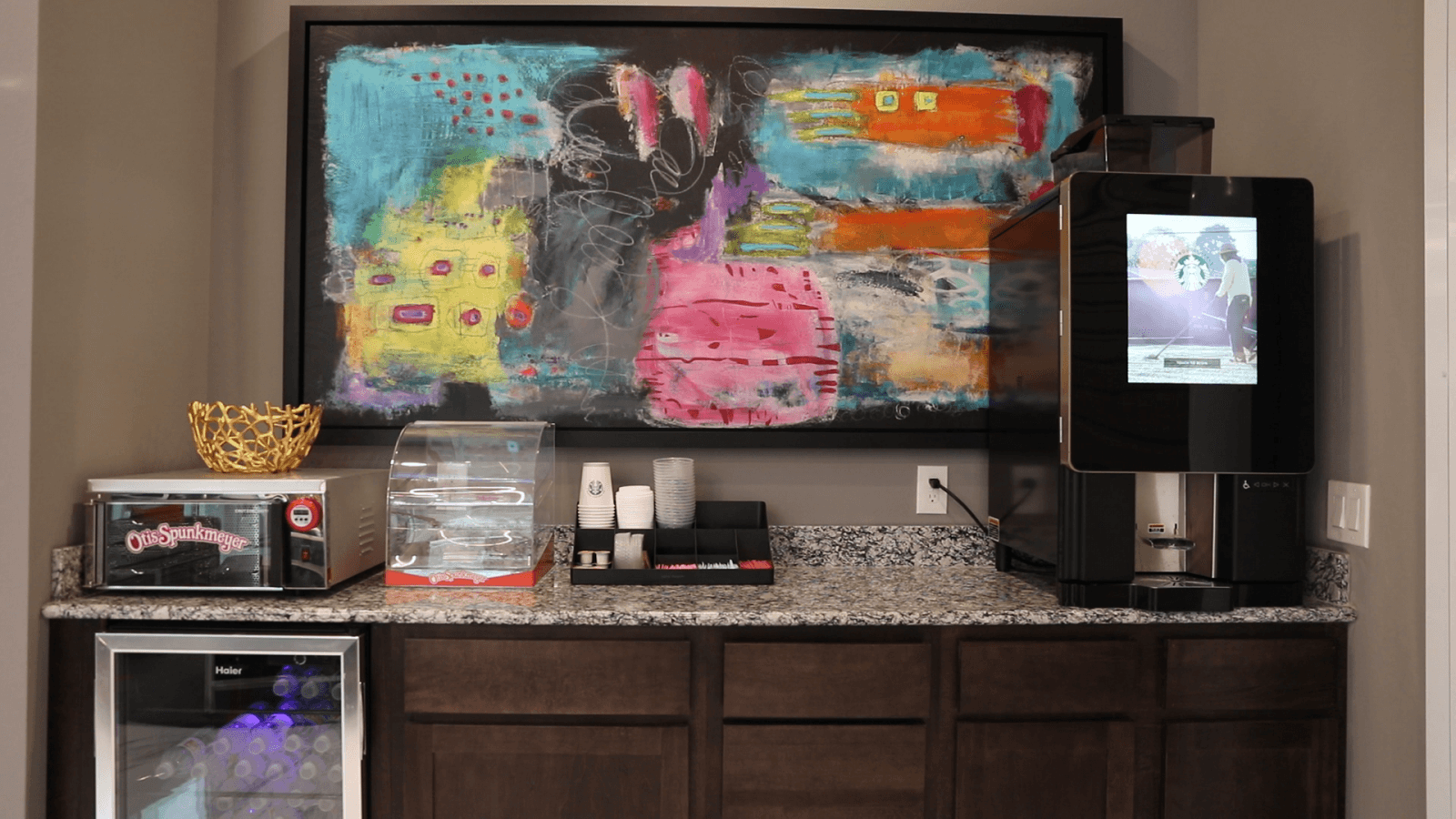 Complimentary coffee and water bar in the front office at a Modern Storage® facility