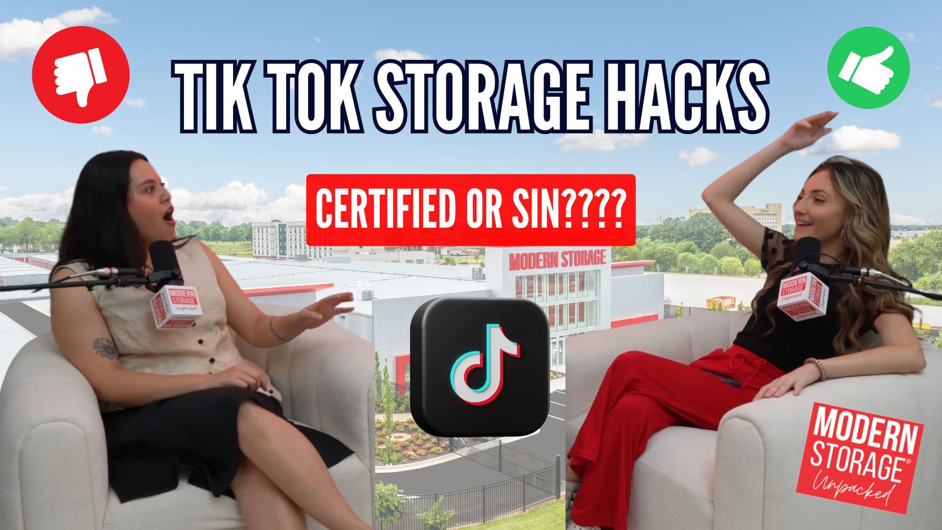 Modern Storage® Unpacked podcast hosts discussing TikTok storage hacks in a video episode titled Certified or Sin.