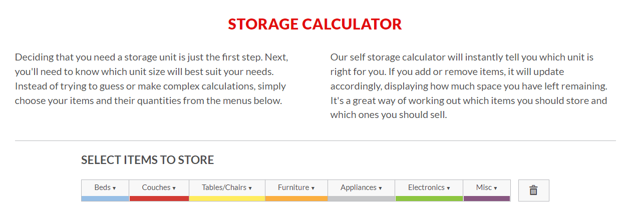 Screenshot of the Modern Storage online storage calculator tool