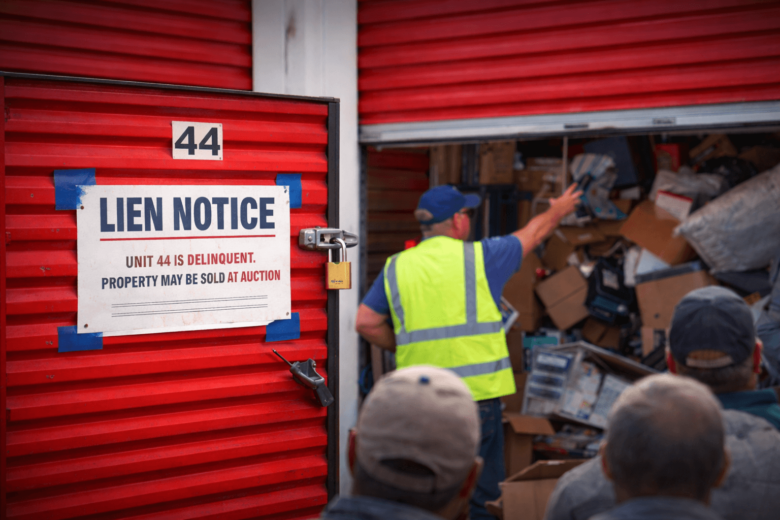 A storage auction lien notice posted on a self storage unit door