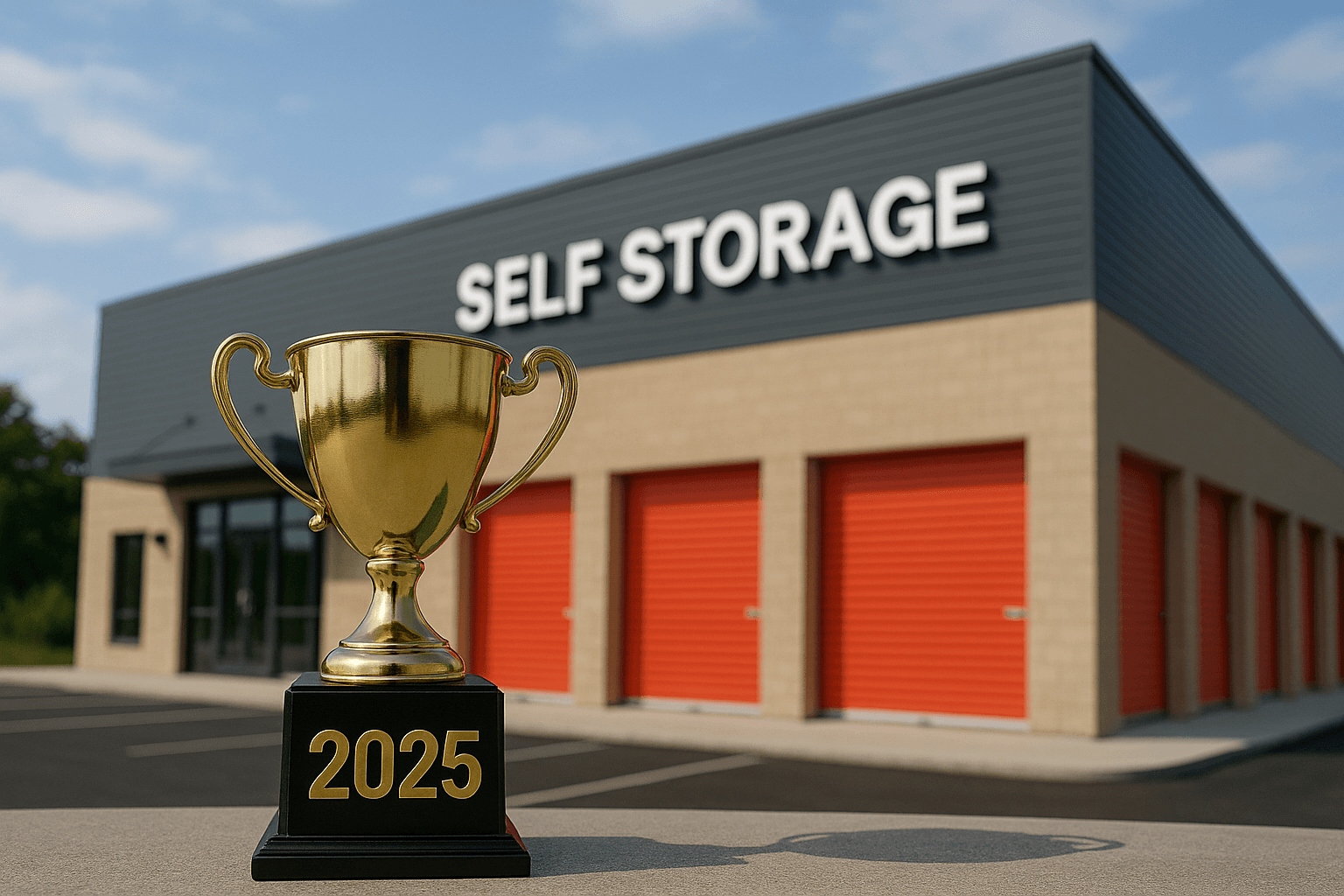 A gold trophy in front of a red self storage unit door symbolizing storage winning the 2025 market