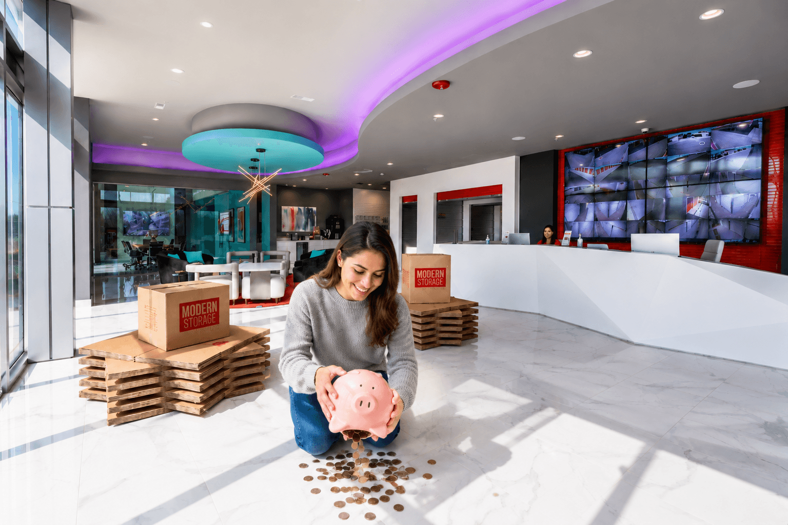 Customer counting coins from a piggy bank inside Modern Storage while planning an affordable storage solution.