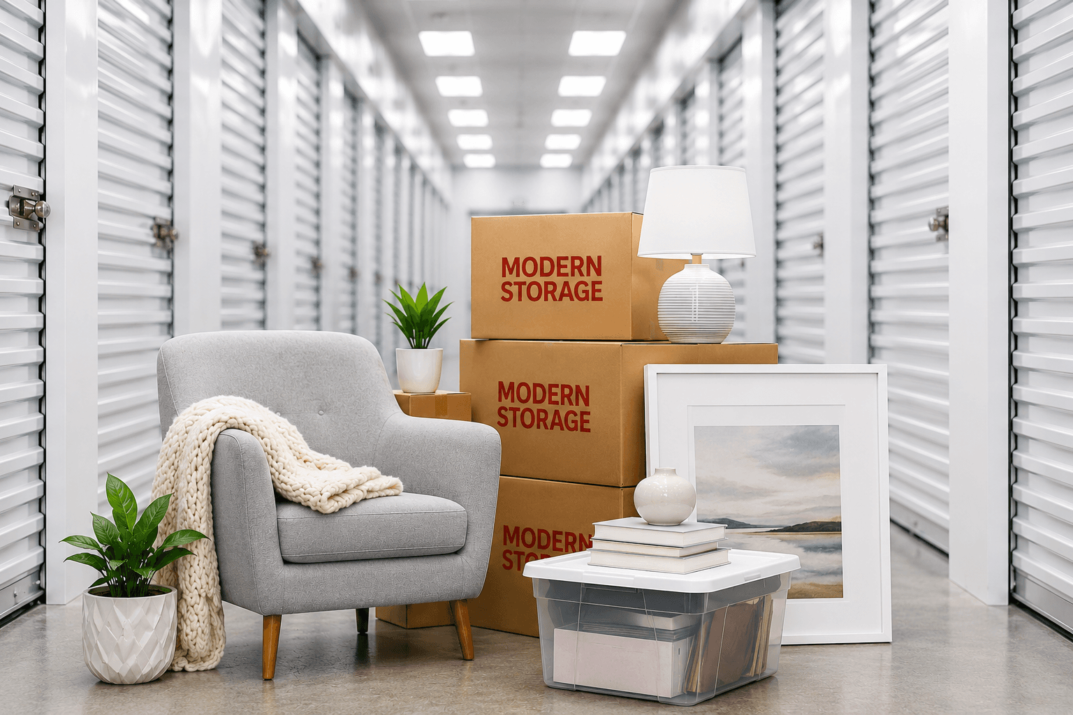 Climate-controlled storage hallway with clean indoor units and household items ready for long-term storage.