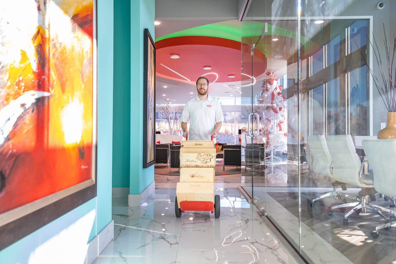Modern Storage moving cart in a bright, lobby leading to clean climate-controlled storage hallways.