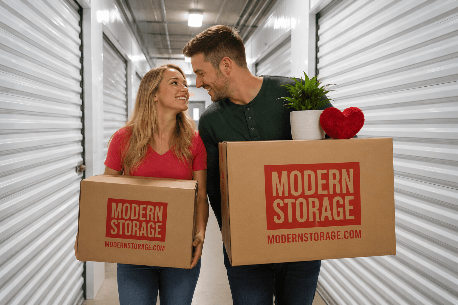 Couple carrying moving boxes through a Modern Storage hallway while preparing for a new chapter together.