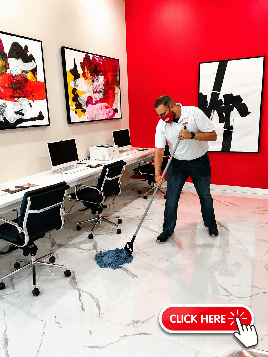 Modern Storage team member mopping the business center to keep the facility clean and ready for customers.