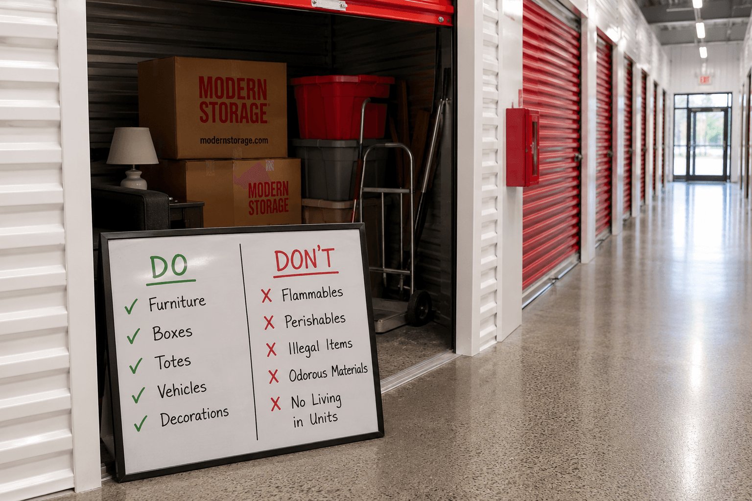 Open Modern Storage unit with moving boxes and a storage rules checklist showing common do's and don'ts.