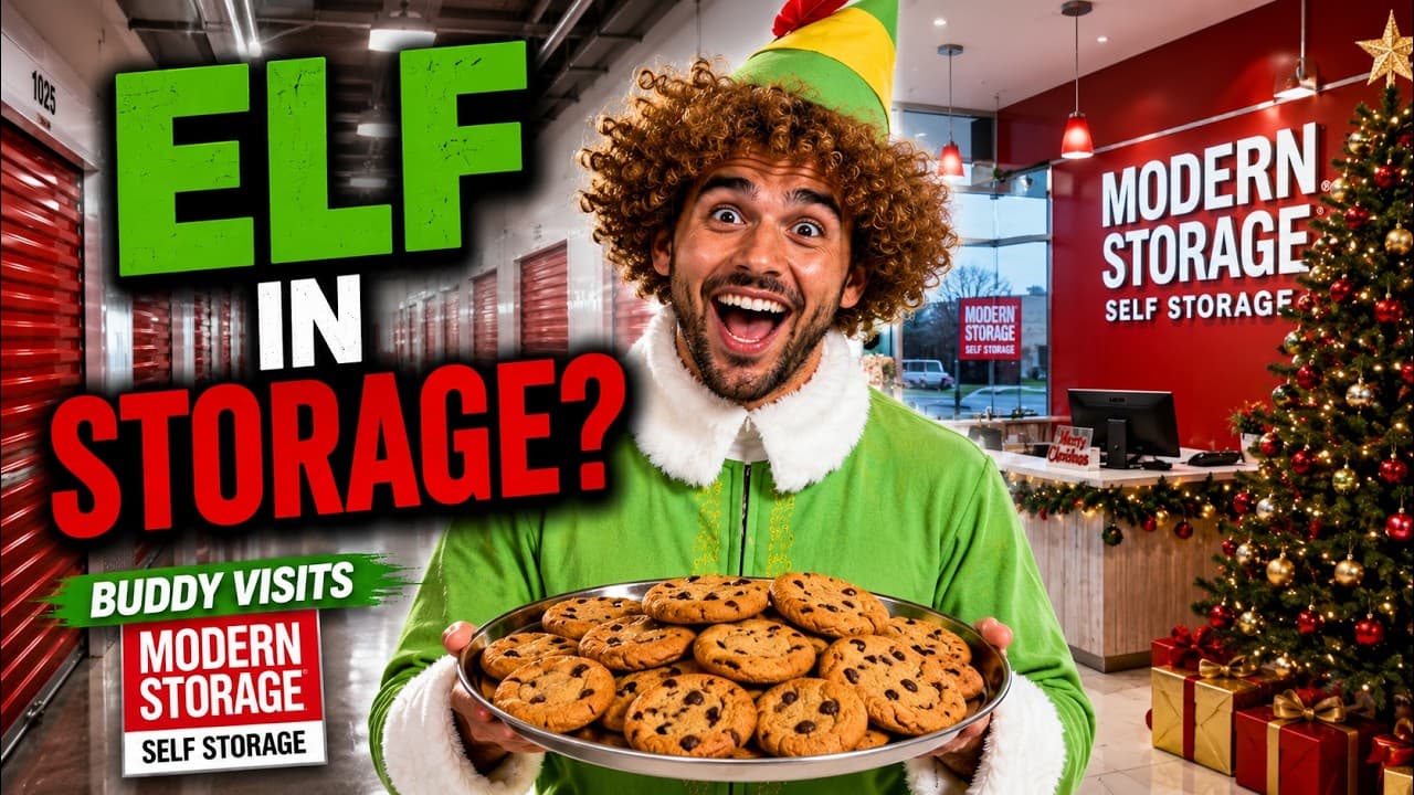 Holiday elf holding cookies at Modern Storage promoting festive storage solutions and holiday convenience.