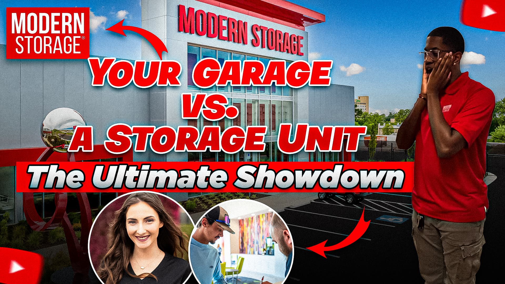 Podcast episode thumbnail showing a man reacting outside a garage with the text "Your Garage vs. A Storage Unit – The Ultimat