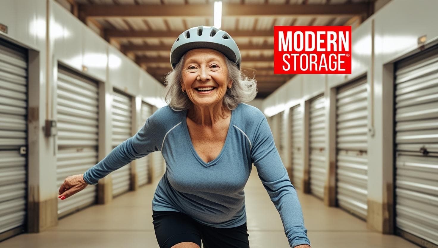 Smiling older woman roller skating inside a self storage facility, wearing a helmet, with Modern Storage® logo in the corner.