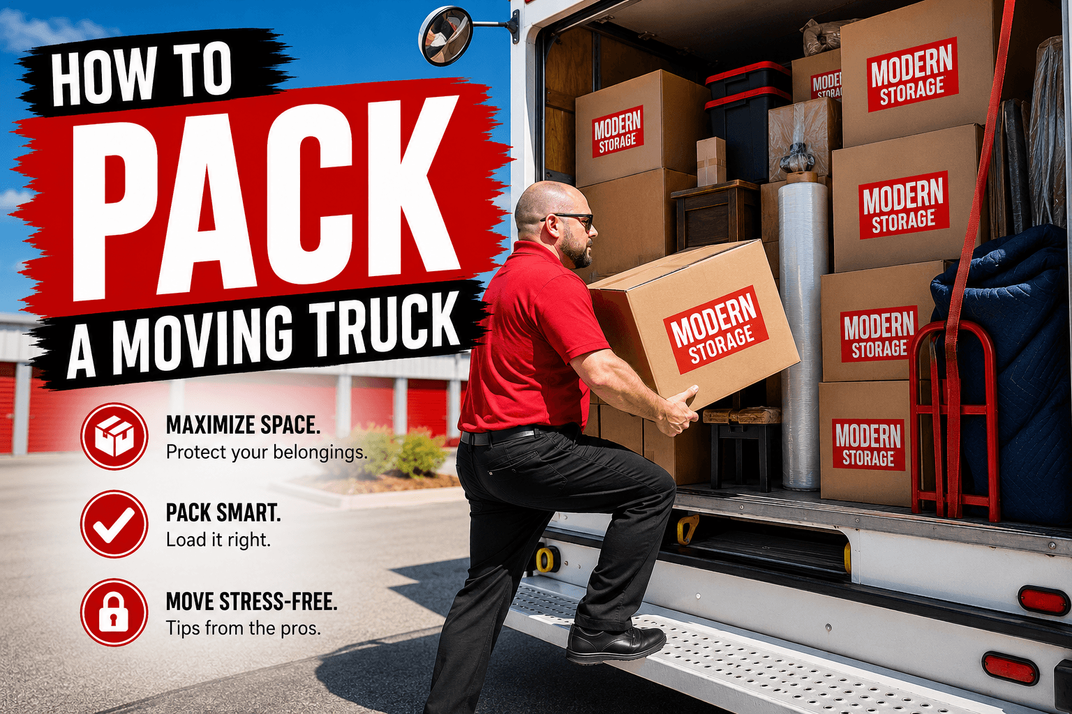 Person loading a moving truck with labeled boxes while demonstrating smart packing and moving techniques.