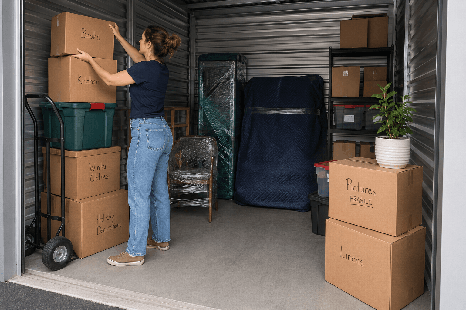 Organized storage unit with labeled boxes, wrapped furniture, and shelving prepared for safe long-term storage.