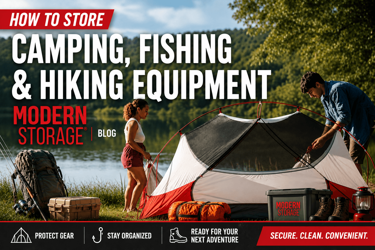Couple setting up a camping tent by a lake before storing outdoor gear.