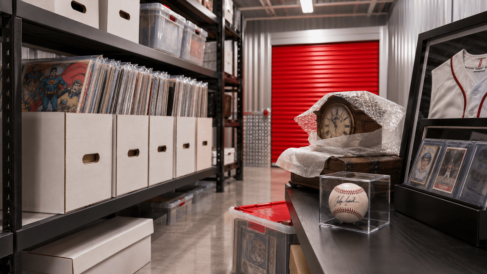 Collectibles stored safely in a clean Modern Storage unit with shelves, comics, memorabilia, and protective cases