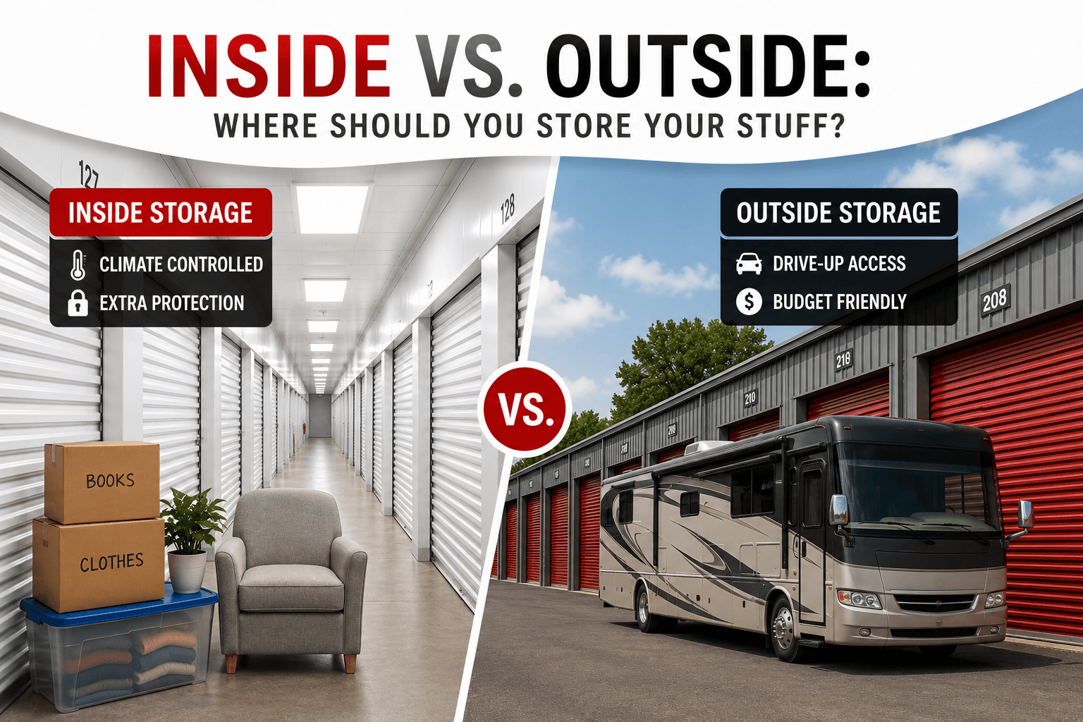 Split view comparing indoor climate-controlled storage and outdoor drive-up storage units at a modern self-storage facility.
