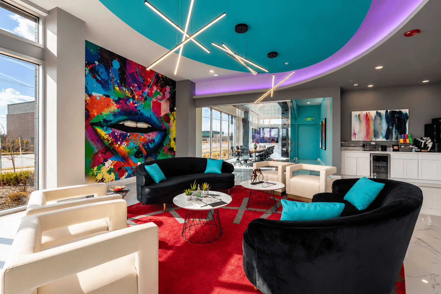 Modern Storage lobby featuring premium amenities, stylish lounge seating, coffee bar, and contemporary customer spaces.