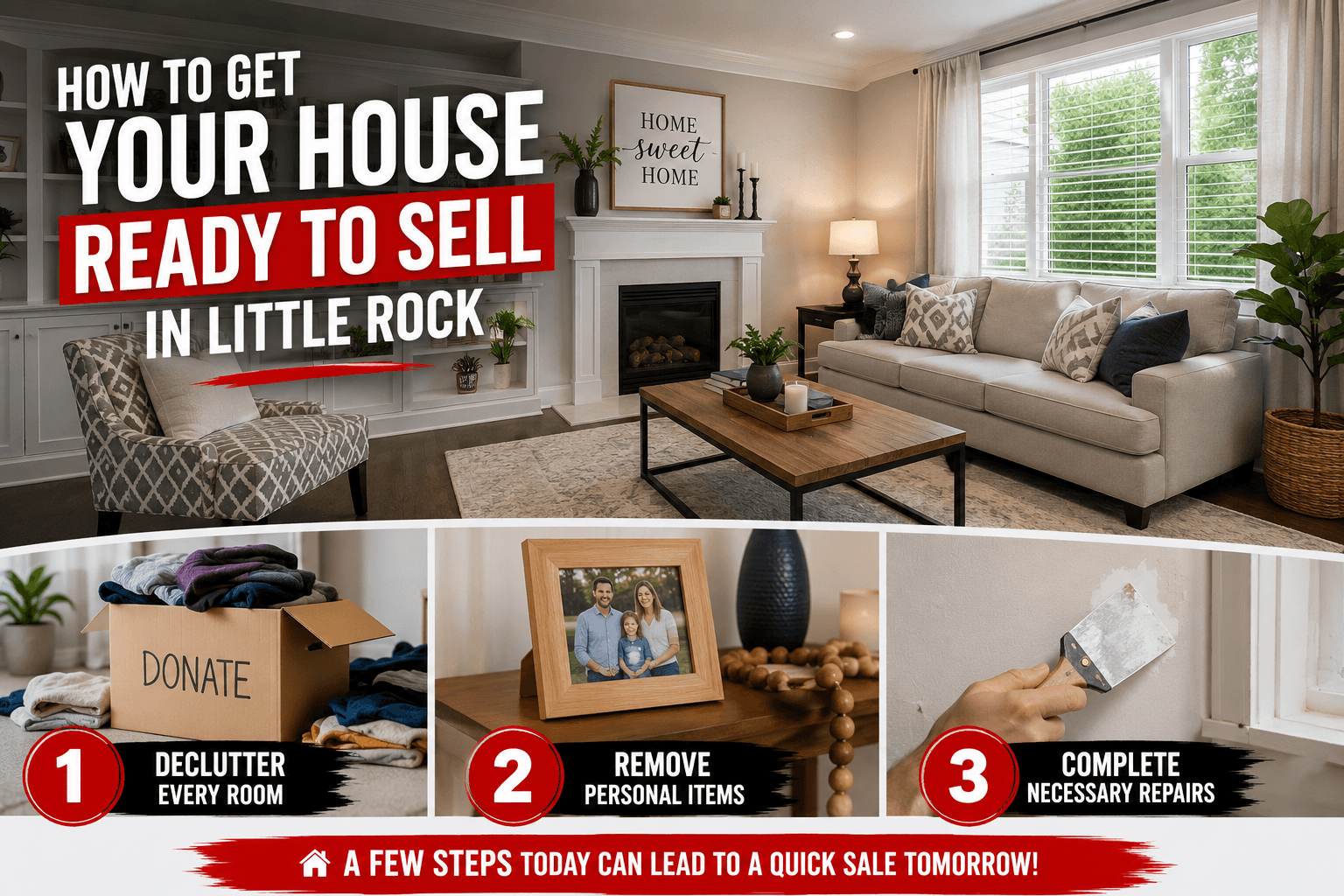 Staged living room with home selling tips highlighting decluttering, repairs, and preparing a house for sale.