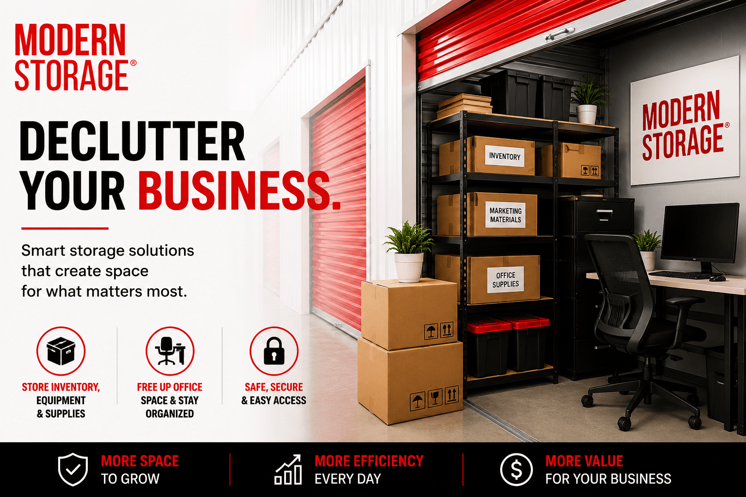 Organized business inventory stored in a Modern Storage unit with shelving, office supplies, and secure business storage.