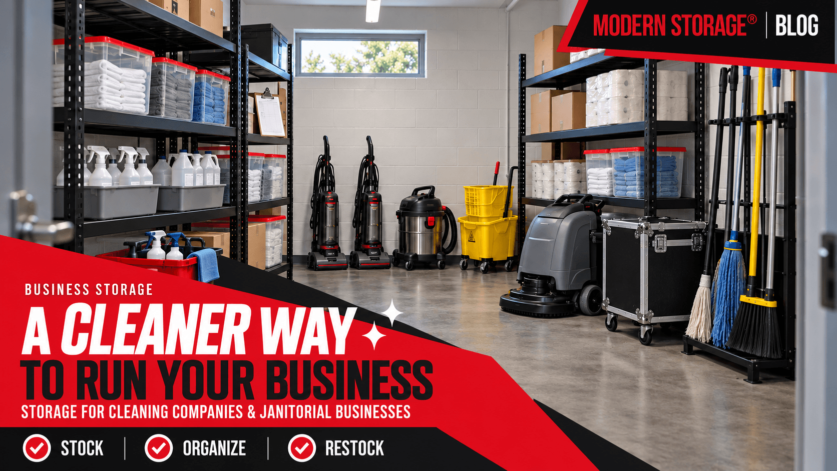Cleaning company equipment, vacuums, buckets, clean linens, uniforms, and business supplies organized.