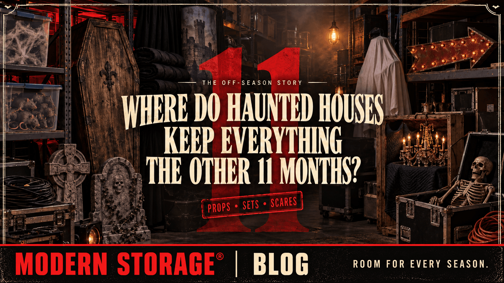 Haunted house props, Halloween decorations, costumes, and spooky décor organized.